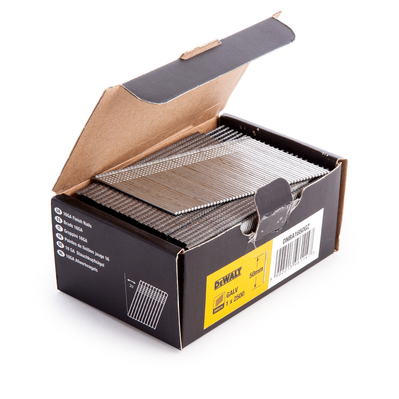 DEWALT Power Tools DNBA1650GZ 16 Gauge Galvanised 20° Finish Nails 50mm (Pack 2500) DNBA1650GZ