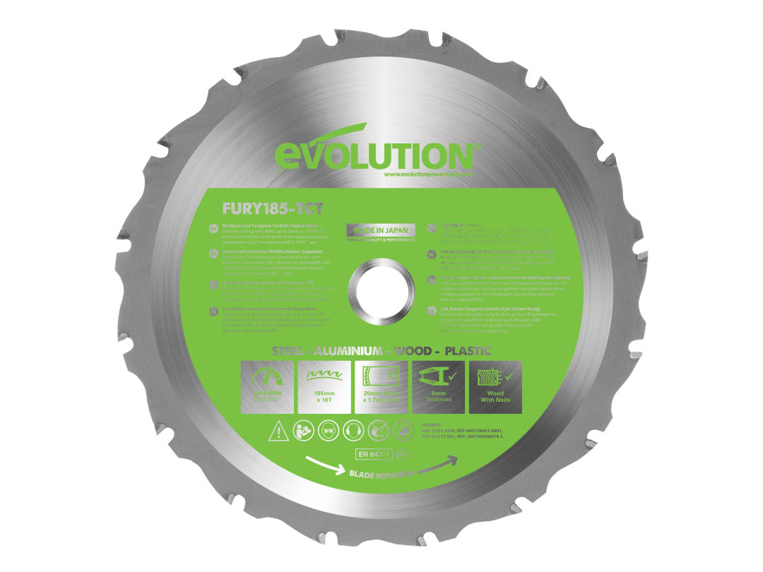 Evolution FURY® Multi-Purpose TCT Circular Saw Blade 185 x 20mm x 16T F185TCT-16T