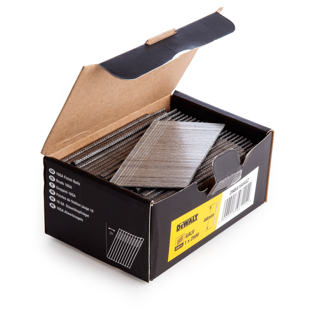 DEWALT Power Tools DNBA1644GZ 16 Gauge Galvanised 20° Finish Nails 44mm (Pack 2500) DNBA1644GZ