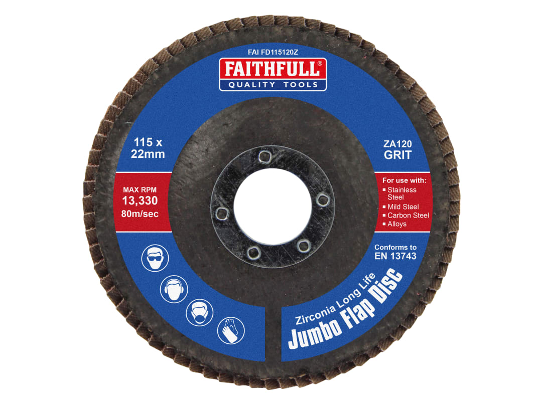 Faithfull Zirconia Abrasive Jumbo Flap Disc 115 x 22mm 120 Grit FAIFD115120Z