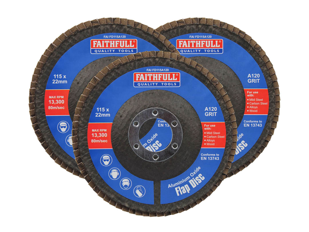 Faithfull Aluminium Oxide Flap Disc 115 x 22mm 120 Grit (3 Pack) FAIFD11512A3