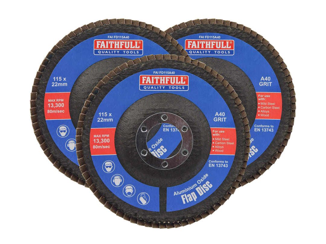 Faithfull Aluminium Oxide Flap Disc 115 x 22mm 40 Grit (3 Pack) FAIFD11540A3