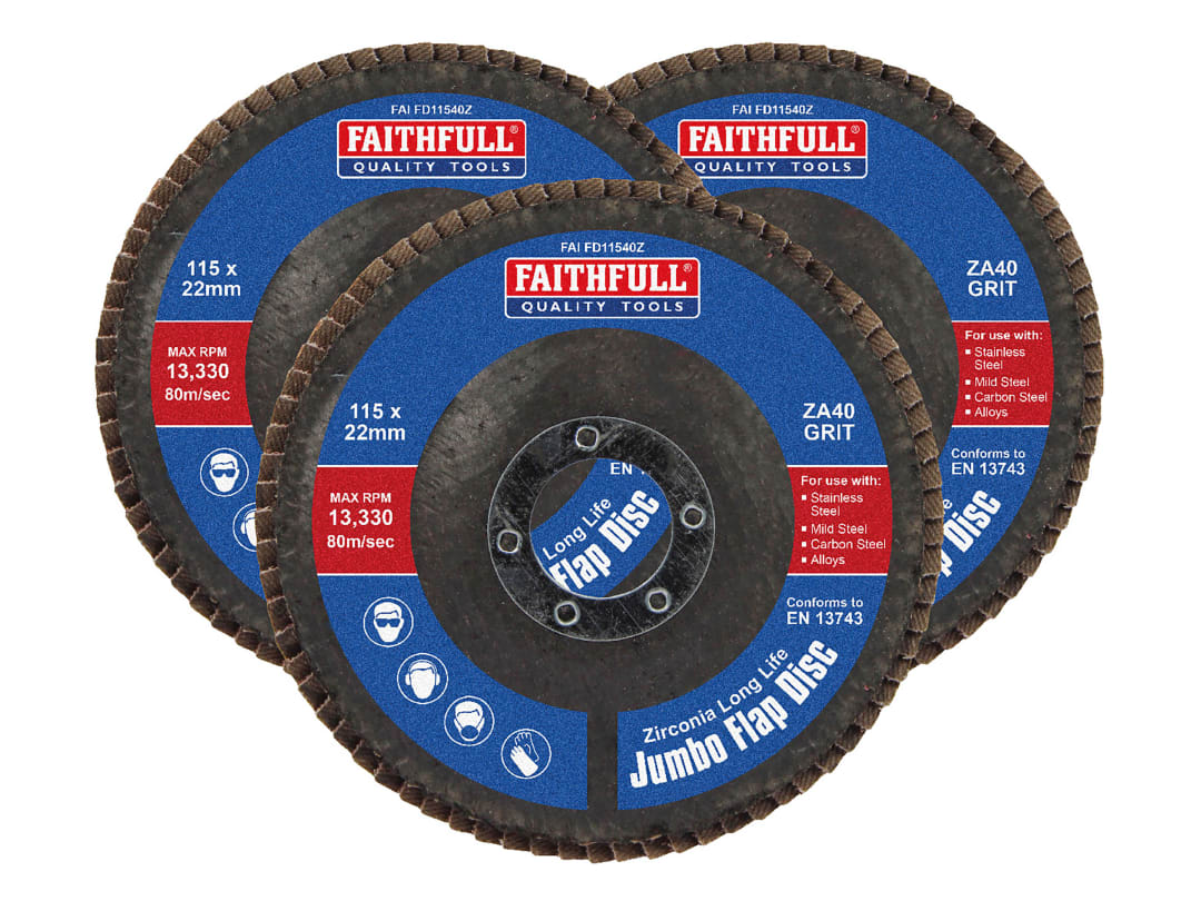 Faithfull Zirconia Abrasive Jumbo Flap Disc 115 x 22mm 40 Grit (3 Pack) FAIFD11540Z3