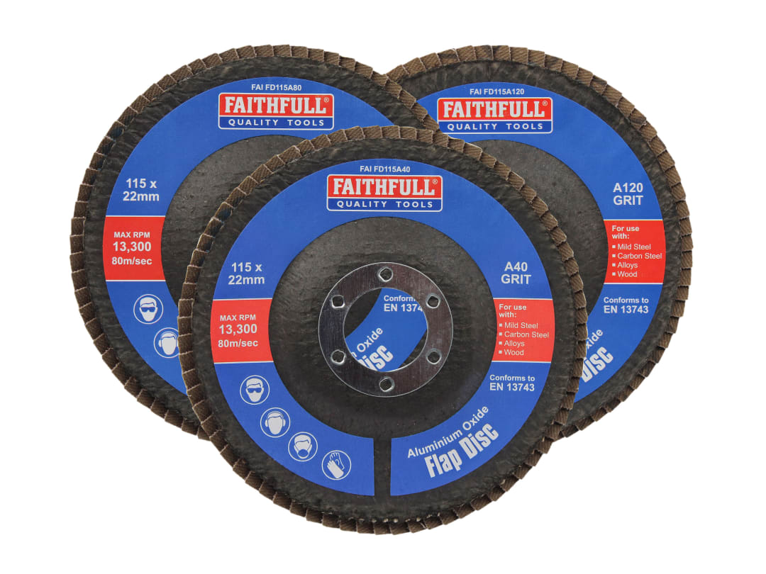 Faithfull Aluminium Oxide Flap Disc 115 x 22mm Mixed Grit (3 Pack) FAIFD115AM3