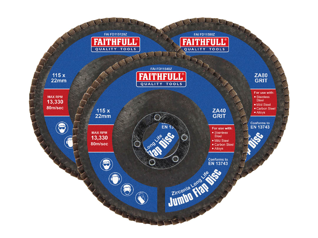 Faithfull Zirconia Abrasive Jumbo Flap Disc 115 x 22mm Mixed Grit (3 Pack) FAIFD115ZM3