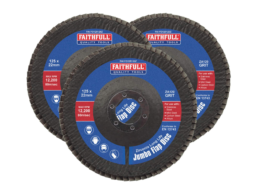 Faithfull Zirconia Abrasive Jumbo Flap Disc 125 x 22mm 120 Grit (3 Pack) FAIFD12512Z3