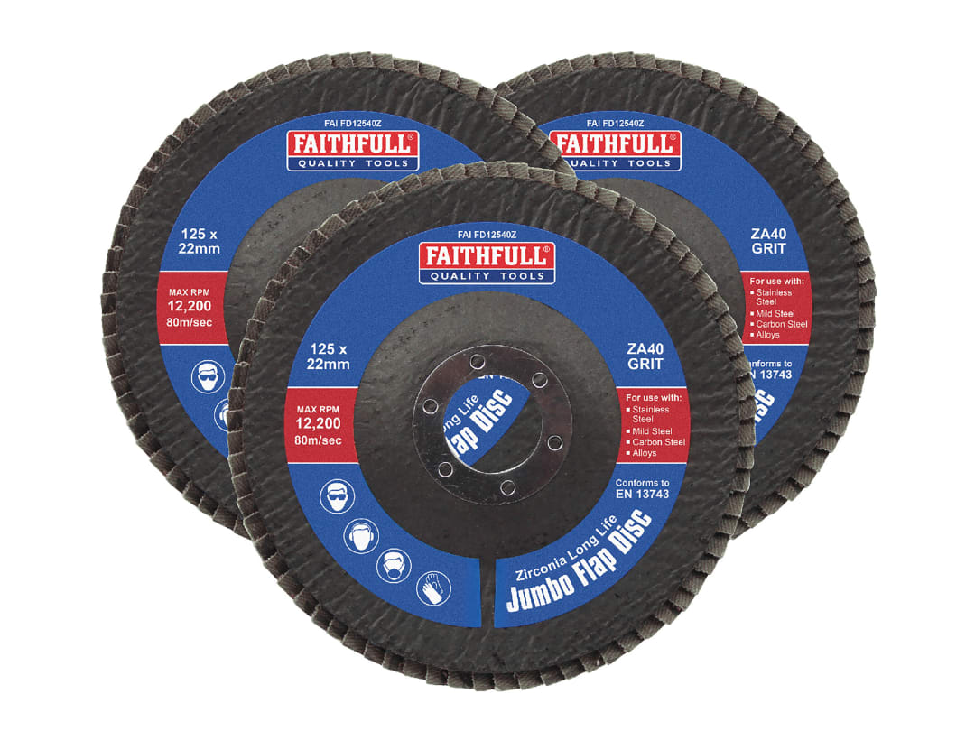 Faithfull Zirconia Abrasive Jumbo Flap Disc 125 x 22mm 40 Grit (3 Pack) FAIFD12540Z3