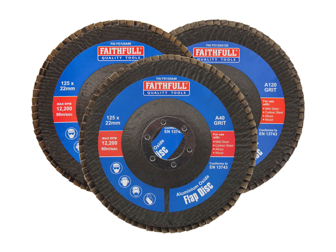 Faithfull Aluminium Oxide Flap Disc 125 x 22mm Mixed Grit (3 Pack) FAIFD125AM3