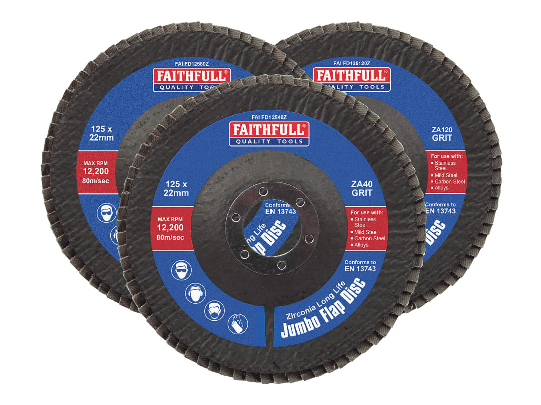 Faithfull Zirconia Abrasive Jumbo Flap Disc 125 x 22mm Mixed Grit (3 Pack) FAIFD125ZM3
