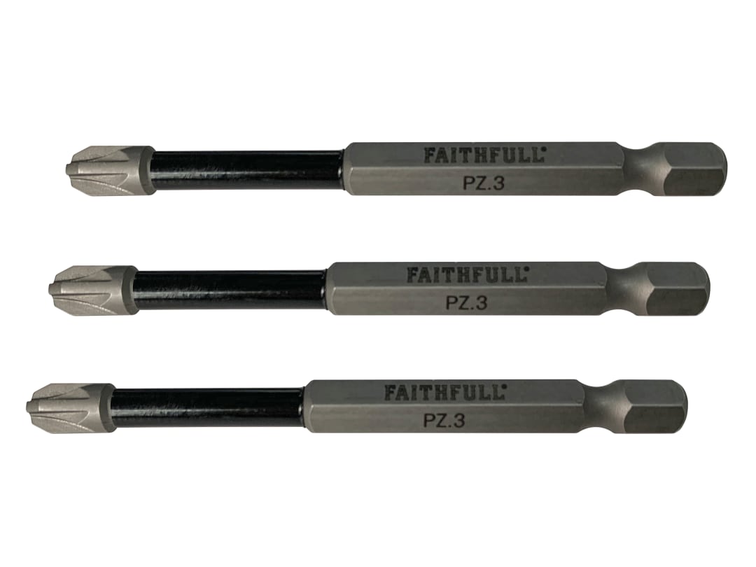 Faithfull Pozidriv Impact Screwdriver Bits PZ3 x 75mm (Pack 3) FAISBPZ375IM