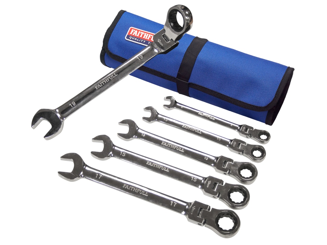 Faithfull Ratchet Combination Spanner Set in Tool Roll, 6 Piece FAISPARAT6SR