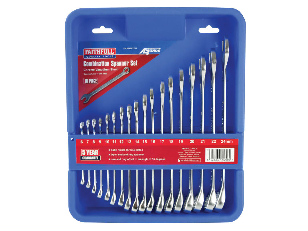 Faithfull Chrome Vanadium Combination Spanner Set, 18 Piece FAISPASETC18