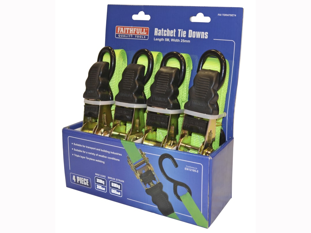 Faithfull Ratchet Tie-Downs 5m x 25mm Green 4 Piece FAITDRATSET4