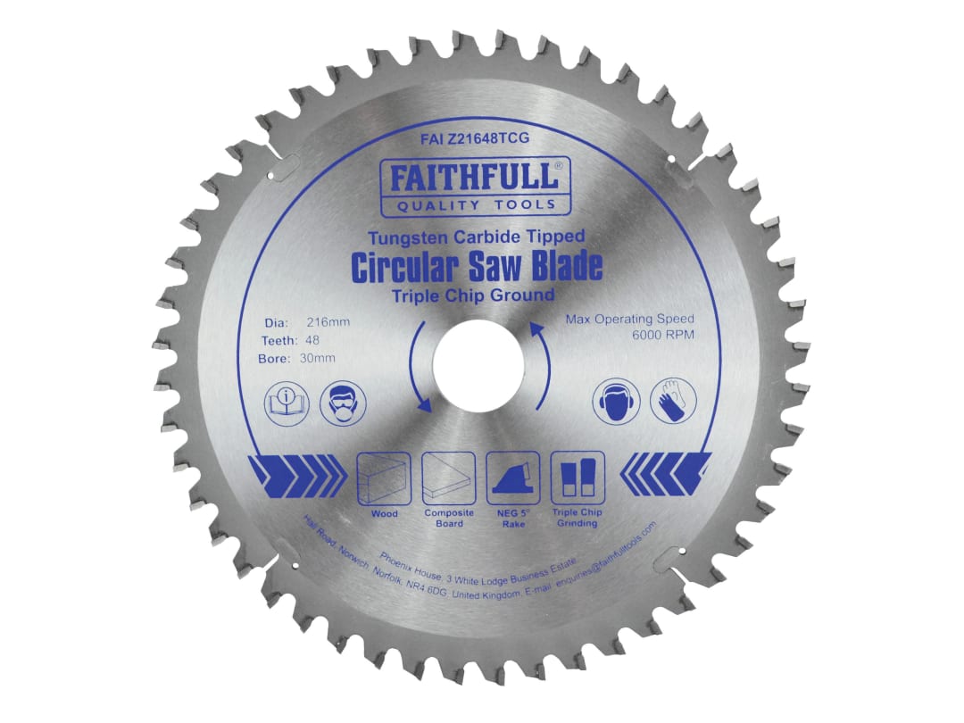Faithfull TCT Circular Saw Blade Triple Chip Ground 216 x 30mm x 48T NEG FAIZ21648TCG