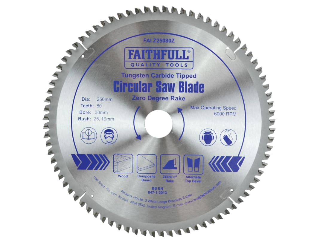 Faithfull TCT Circular Saw Blade Zero Degree 250 x 30mm x 80T FAIZ25080Z