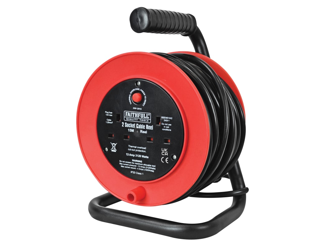 Faithfull Power Plus Open Drum Cable Reel 240V 13A 2-Socket 15m XP23-E1