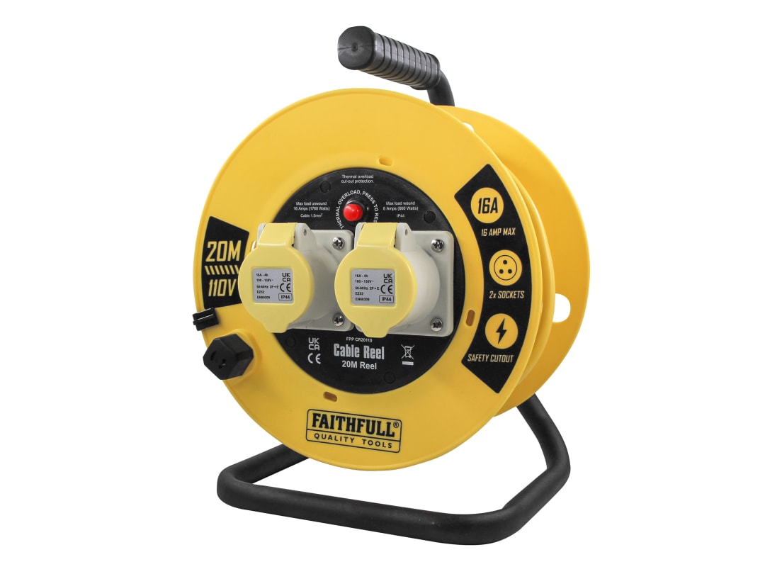 Faithfull Power Plus Open Cable Reel 110V 20m 16A 2 Socket (1.5mm Cable) XP03-SY4H