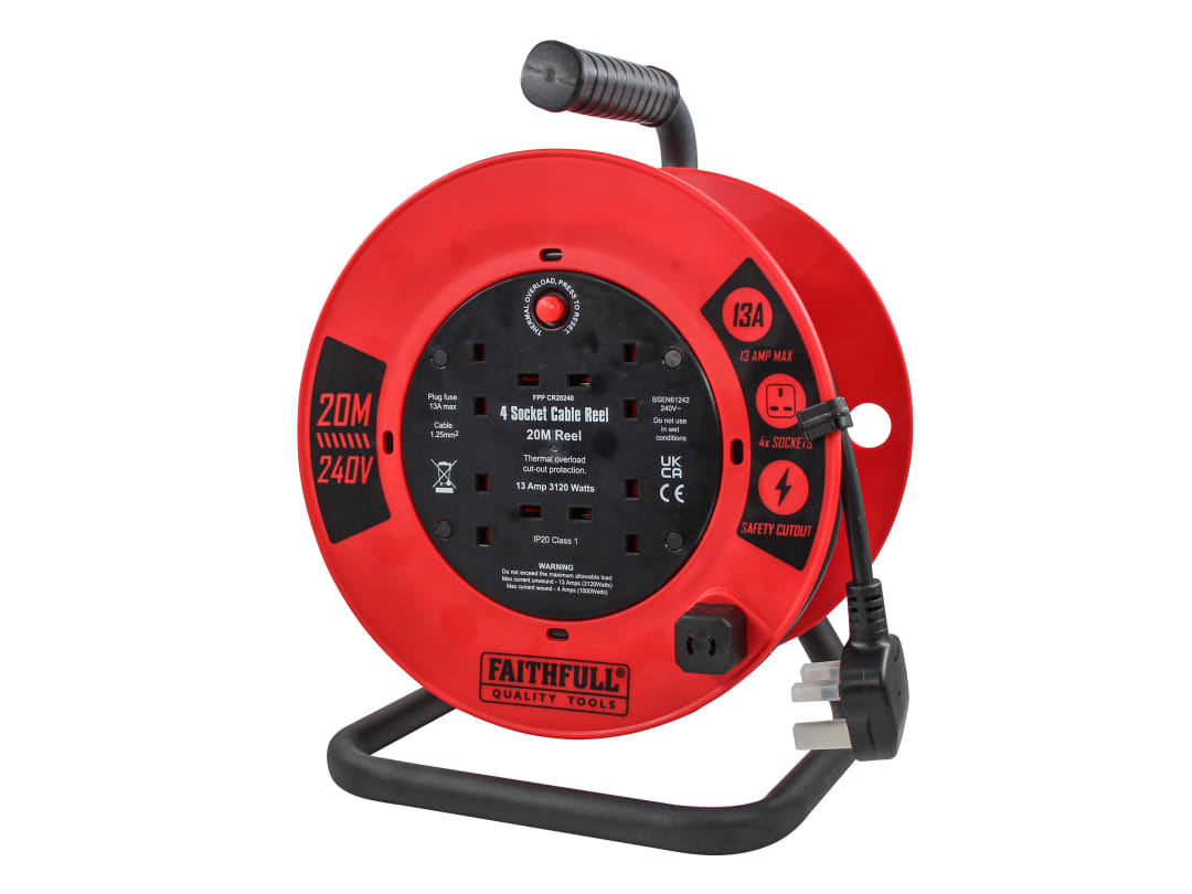 Faithfull Power Plus Open Cable Reel 240V 20m 13A 4 Socket (1.25mm Cable) XP03-E1