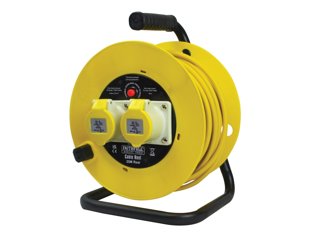 Faithfull Power Plus Open Drum Cable Reel 110V 16A 2-Socket 25m (2.5mm Cable) CR25162.5-TB