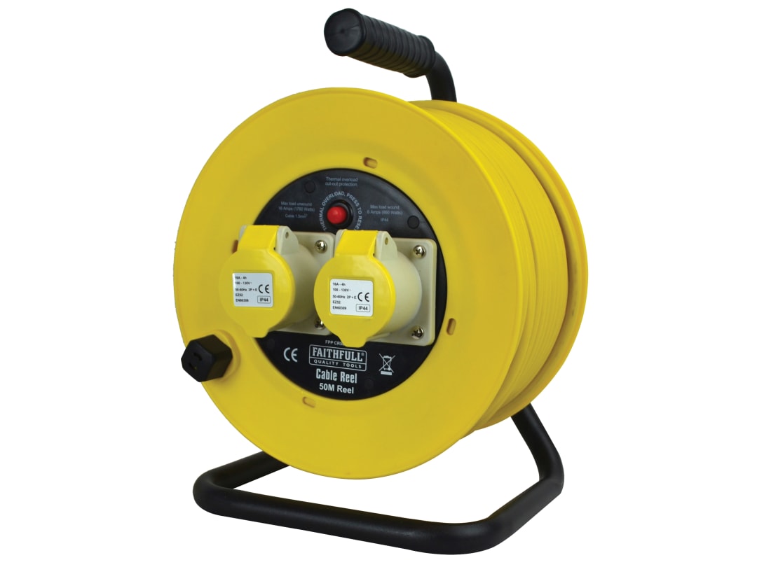 Faithfull Power Plus Open Drum Cable Reel 110V 16A 2-Socket 50m (1.5mm Cable) CR5016-TB
