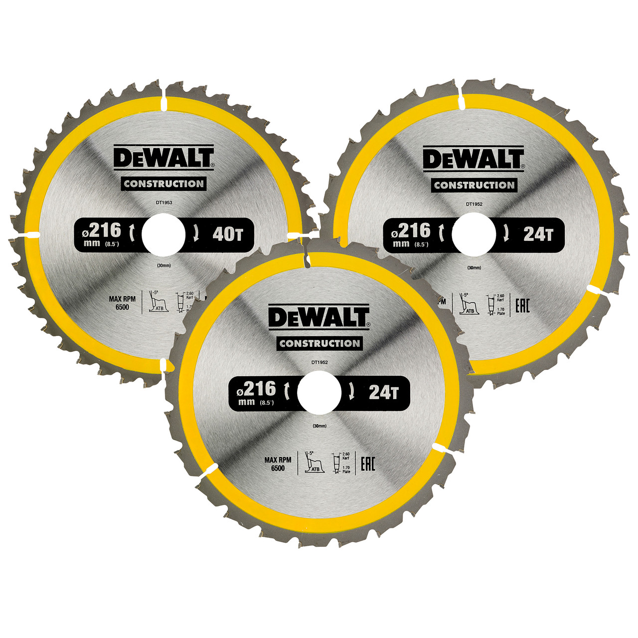 DEWALT Power Tools DT1962 Construction Circular Saw Blade 3 Pack 216 x 30mm 2 x 24T 1 x 40T DT1962-QZ
