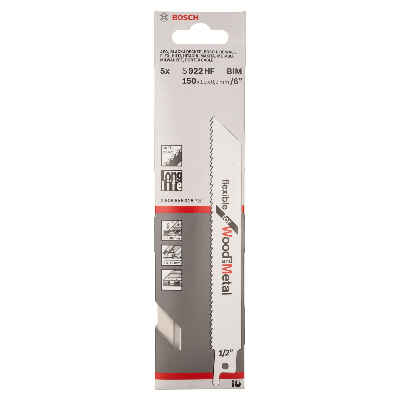 Bosch Powertool Accessories S 922 HF Flexible for Wood & Metal Blade 150mm 10 TPI (Pack 5) 2608656016