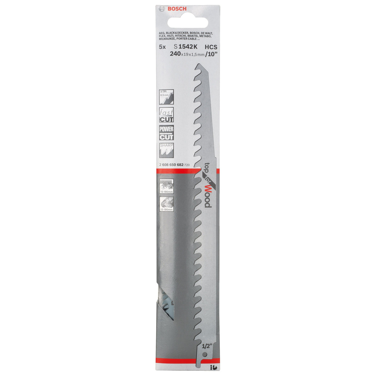 Bosch Powertool Accessories S 1542 K Top for Wood Reciprocating Saw Blade 240mm 3 TPI (Pack 5) 2608650682