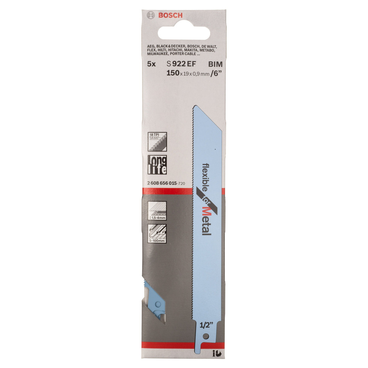 Bosch Powertool Accessories S 922 EF Flexible for Metal Reciprocating Saw Blade 150mm 18 TPI (Pack 5) 2608656015