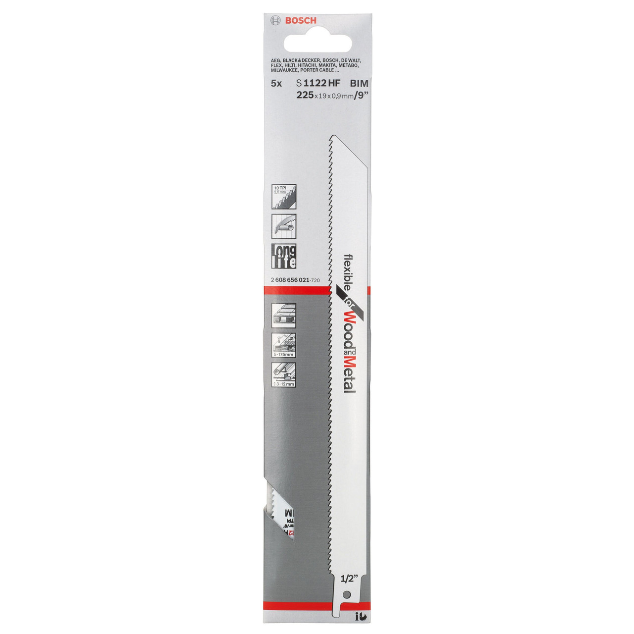 Bosch Powertool Accessories S 1122 HF Flexible for Wood & Metal Blade 225mm 10 TPI (Pack 5) 2608656021