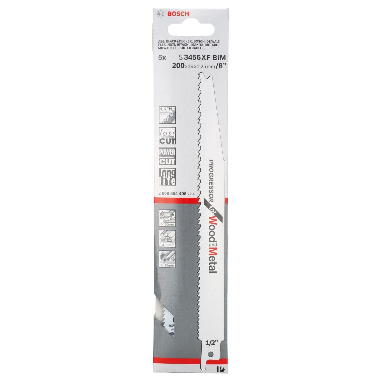 Bosch Powertool Accessories S 3456 XF Progressor for Wood and Metal Blade 200mm 6-12 TPI (Pack 5) 2608654406