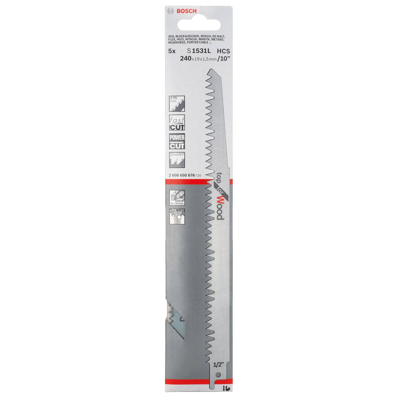 Bosch Powertool Accessories S 1531 L Top for Wood Reciprocating Saw Blade 240mm 5 TPI(Pack 5) 2608650676