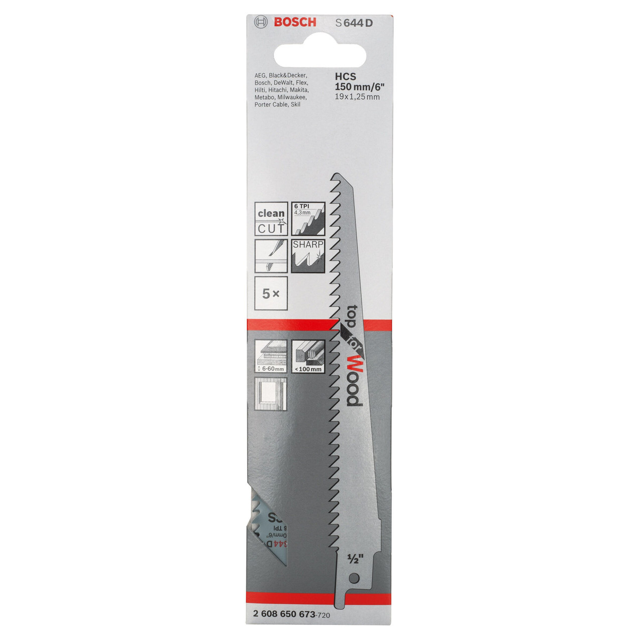 Bosch Powertool Accessories S 644 D Top for Wood Reciprocating Saw Blade 150mm 6 TPI (Pack 5) 2608650673
