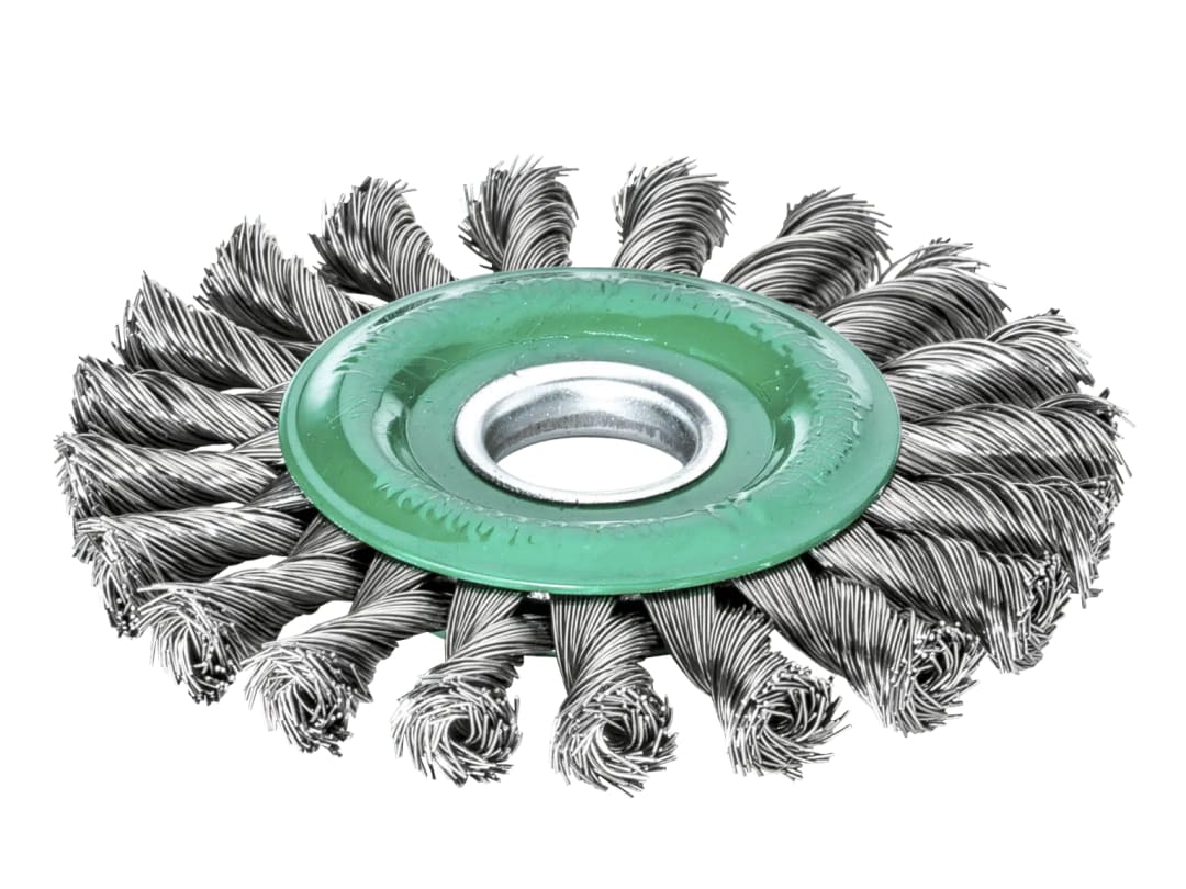 Lessmann Knot Wheel Brush 115 x 14mm 22.2mm Bore, 0.50 Stainless Steel Wire 472.811