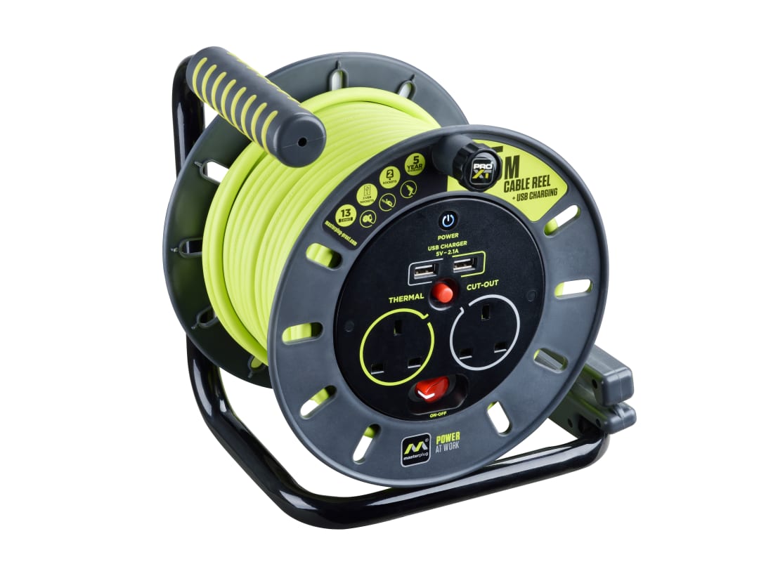 Masterplug PRO-XT Open Cable Reel 240V 13A 2-Socket & 2 USB (2.1A Shared) 25m OMU25132USL-PX