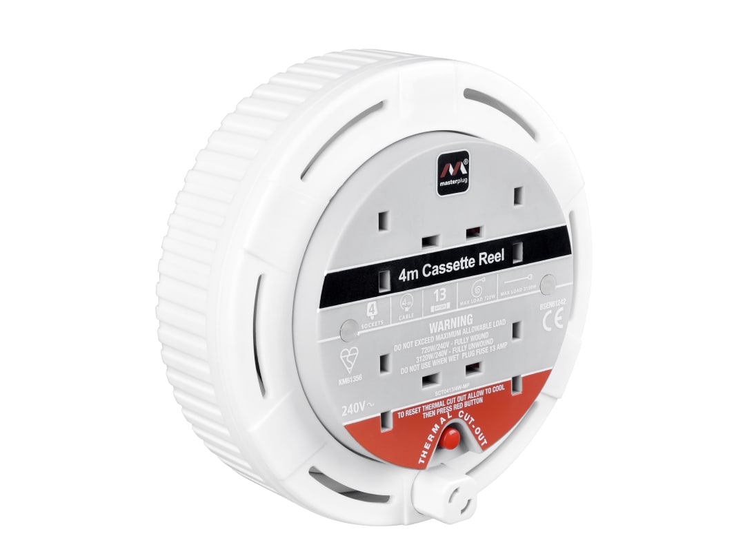Masterplug Cassette Cable Reel 240V 13A 4-Socket Thermal Cut-Out White 4m SCT0413/4W-MP