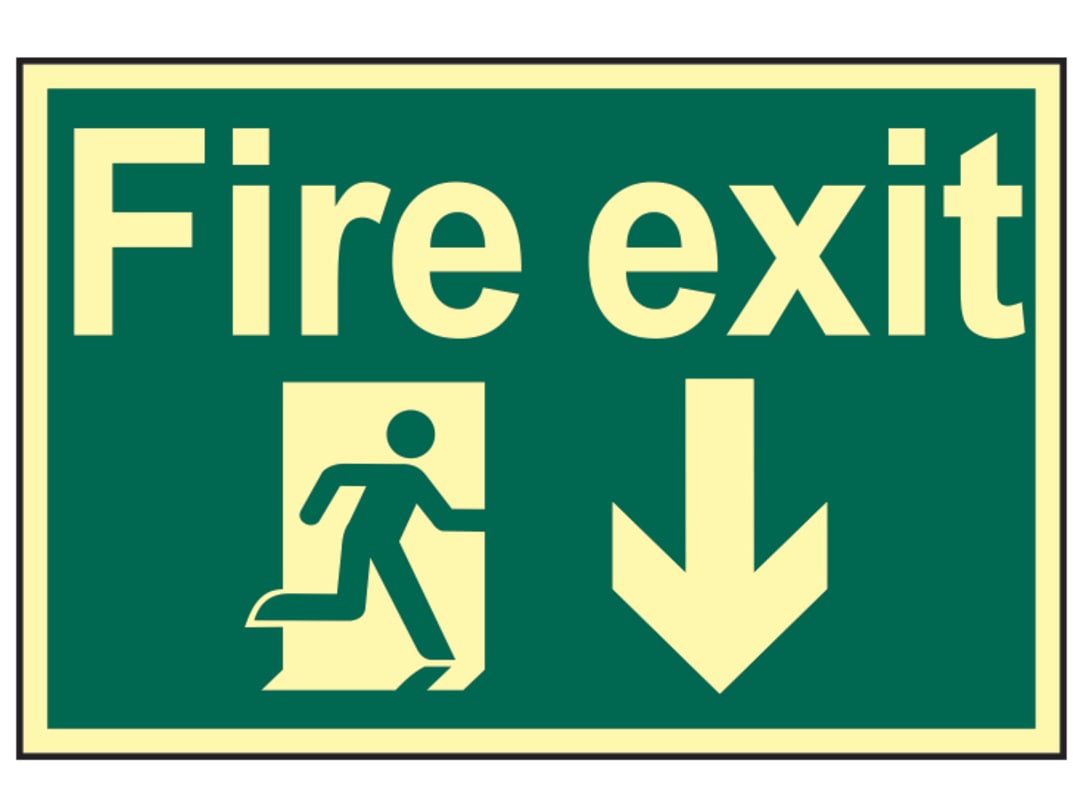 Scan Fire Exit Running Man Arrow Down - Photoluminescent 300 x 200mm 1580