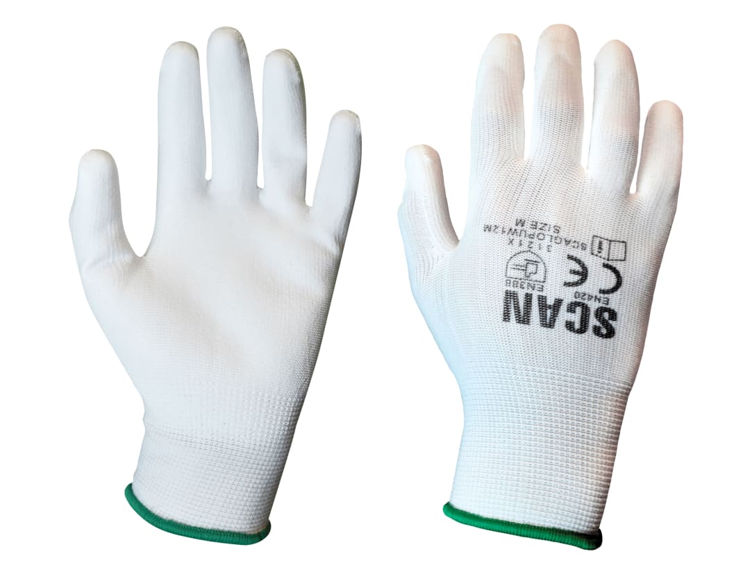 Scan White PU Coated Gloves - M (Size 8) (Pack 12) 5004W