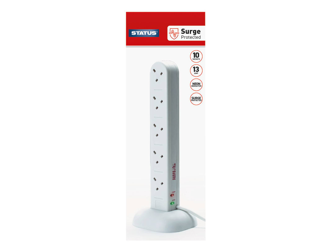 STATUS® Surge Protected Tower Multi Plug Extension 240V 10-Gang 13A White 2m 10WS2MTSSP2