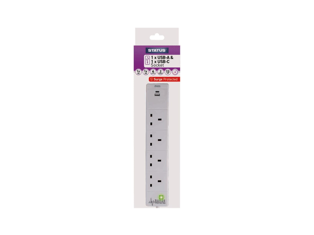 STATUS® Extension Lead 4 Way + USB A and C + Surge Protection 2m S4W2MACUSB1PK6 S4W2MACUSB1PKB6