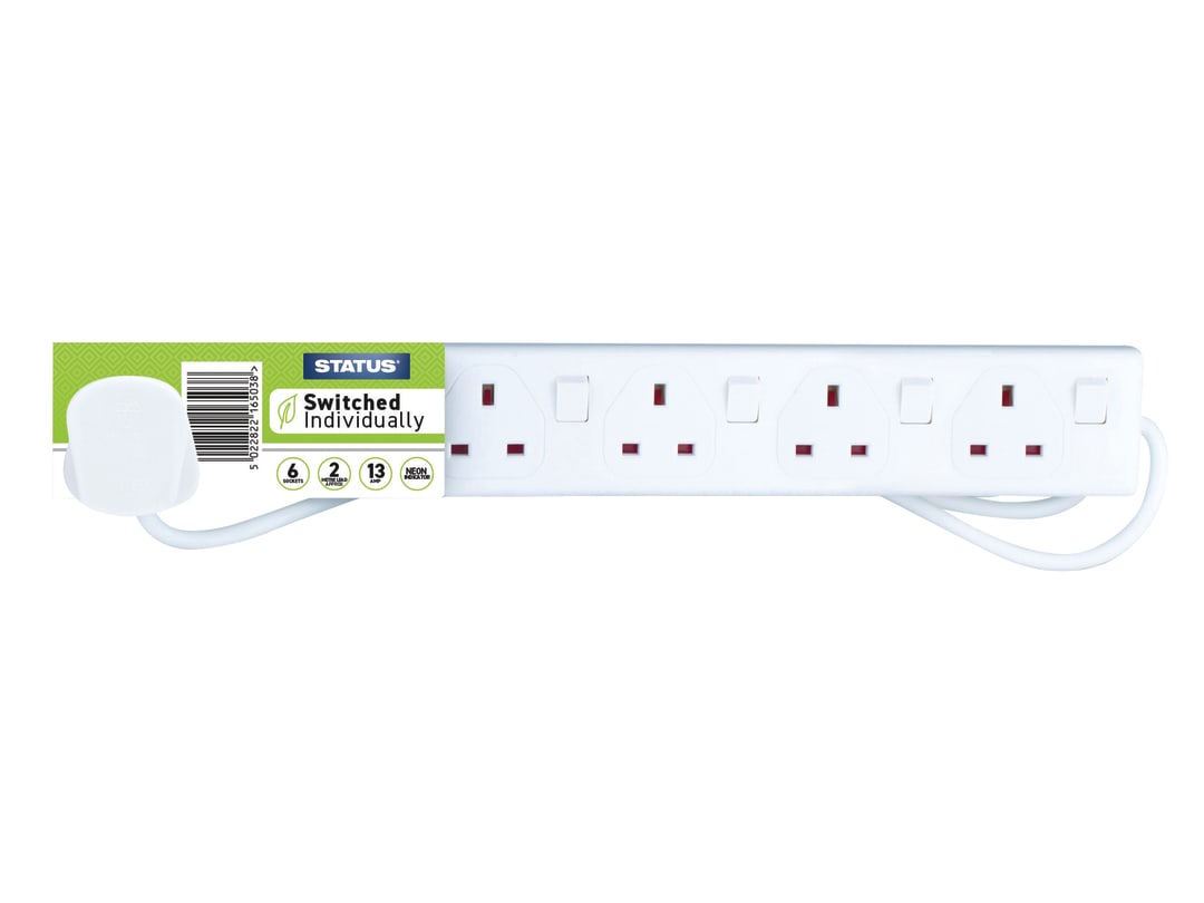STATUS® Extension Socket Switched 6 Way 2m White S6W2MINDSS12 S6W2MINDSS12