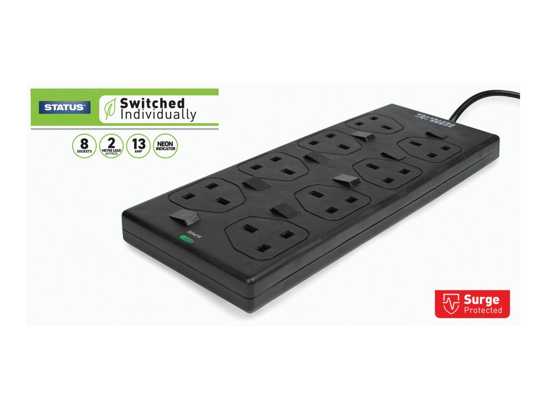 STATUS® Individually Switched Extension Lead 240V 8-Gang 13A Black 2m S8WBSPINDSSX4