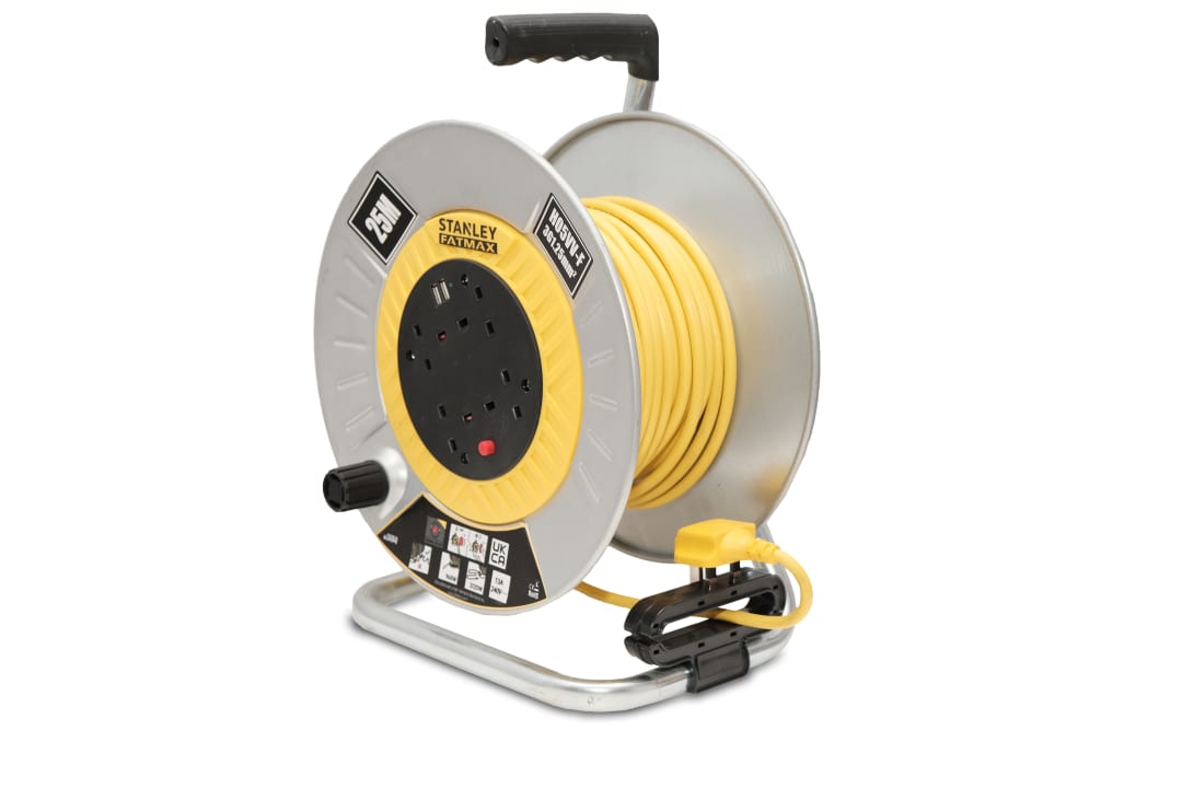 STANLEY® Electrical Open Metal Drum Cable Reel 240V 13A 4-Socket + 2 USB 25m SXECGM2OHSE