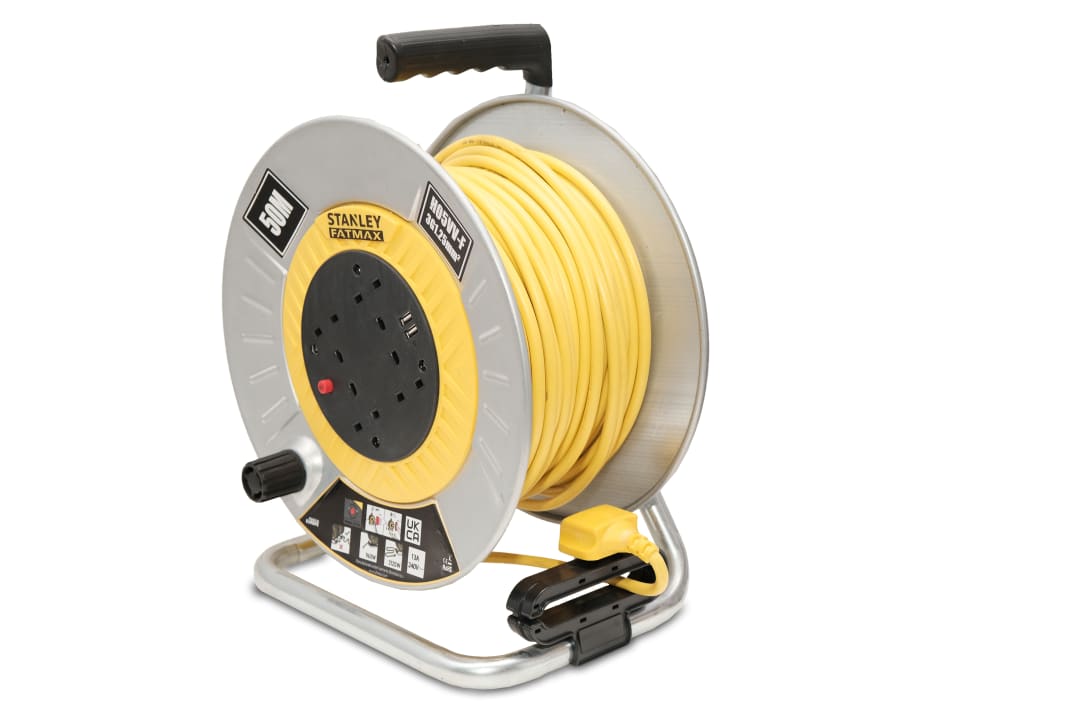 STANLEY® Electrical Open Metal Drum Cable Reel 240V 13A 4-Socket + 2 USB 50m SXECGM2OHXE