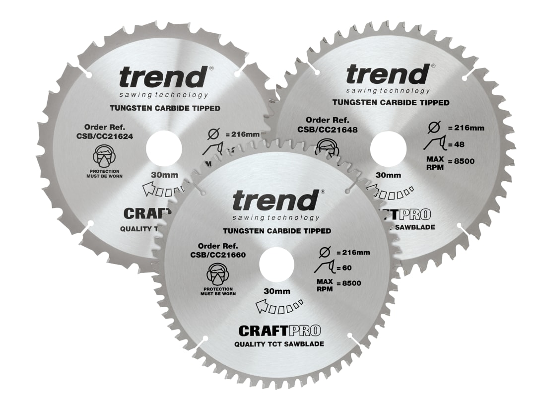 Trend CraftPro Mitre Saw Blade 216 x 30mm x 24T/48T/60T (Pack 3) CSB/CC216/3PK