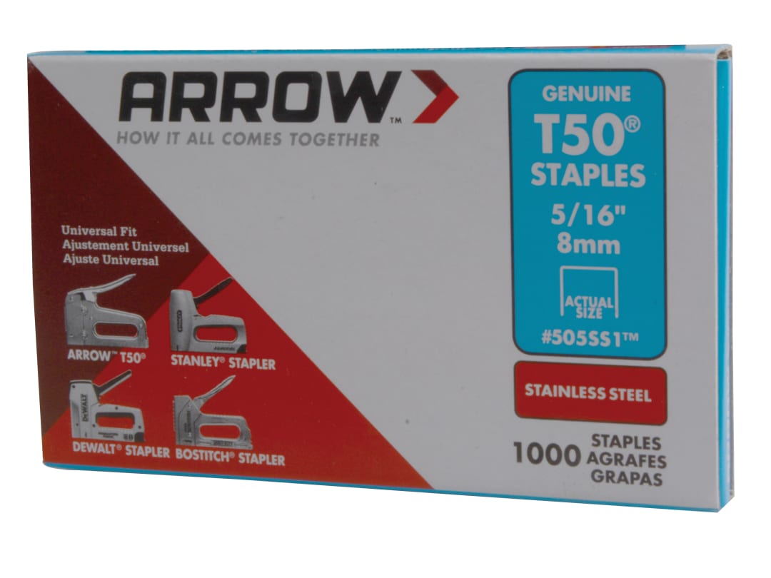 Arrow T50 Staples Stainless Steel 505SS 8mm (5/16in) (Box 1000) A505SS1