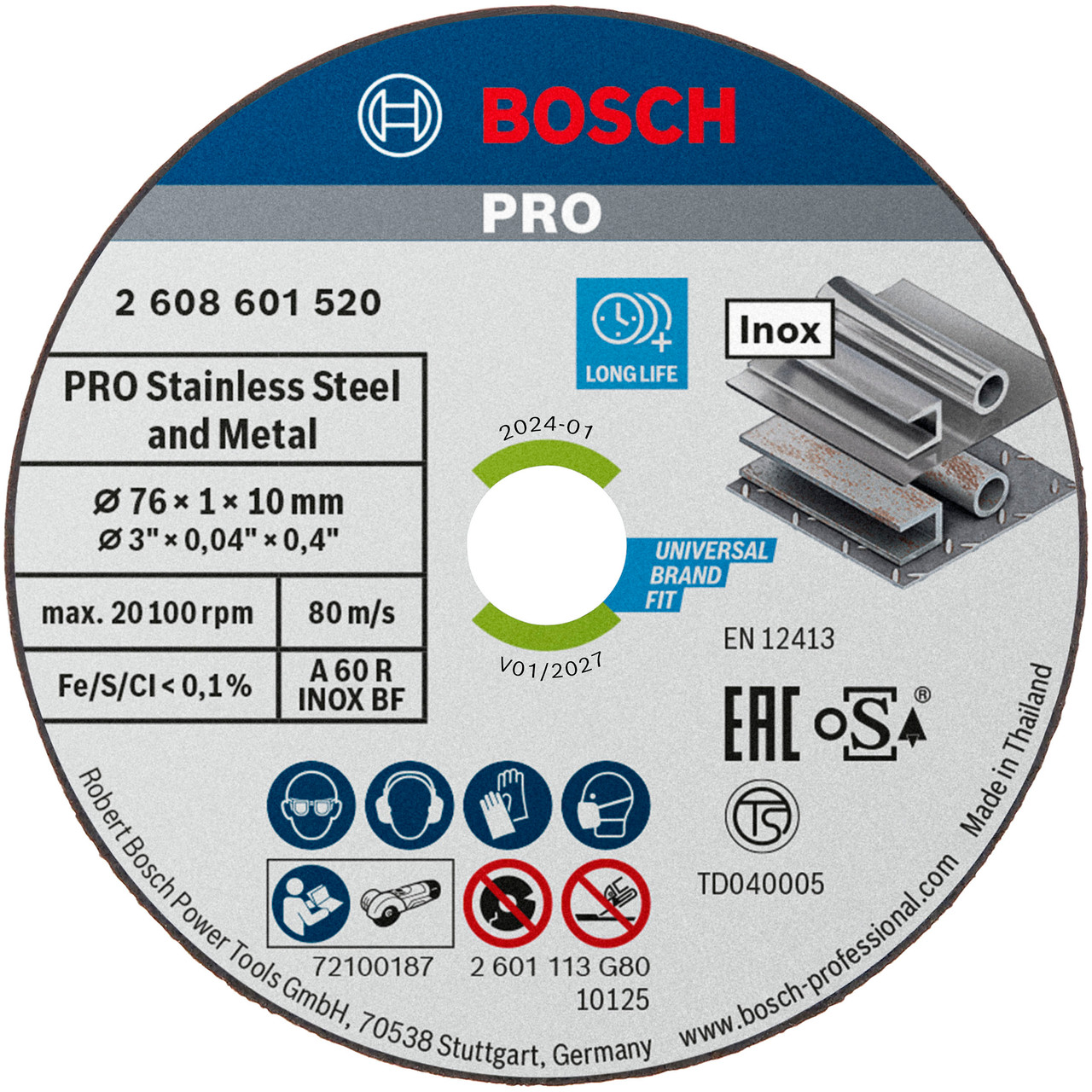 Bosch Powertool Accessories PRO Stainless Steel and Metal Bonded Cutting Disc 76 x 10mm Pack of 5 2608601520