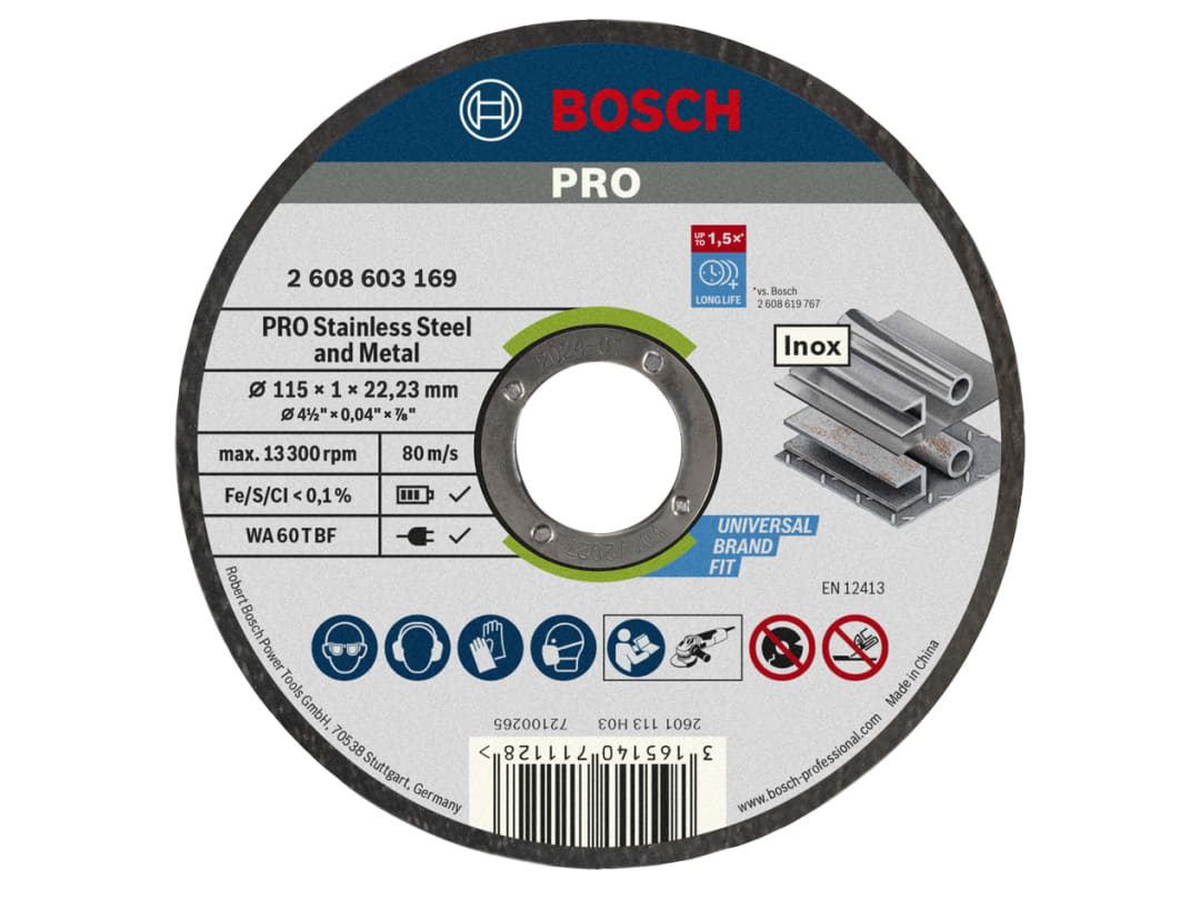Bosch Powertool Accessories PRO Stainless Steel and Metal Bonded Cutting Disc 115 x 1.0 x 22.23mm 2608603169
