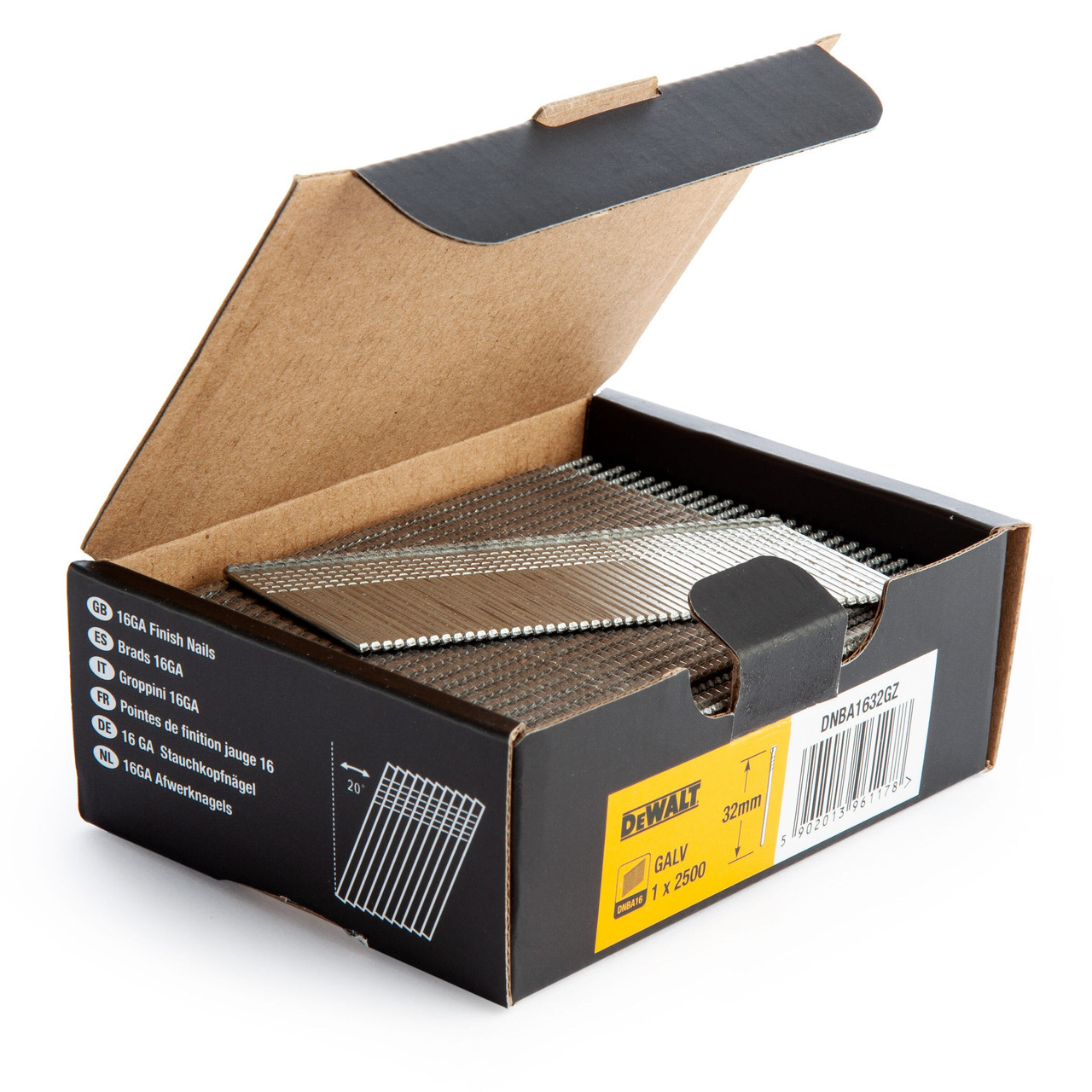 DEWALT Power Tools DNBA1632GZ 16 Gauge Galvanised 20° Finish Nails 32mm (Pack 2500) DNBA1632GZ