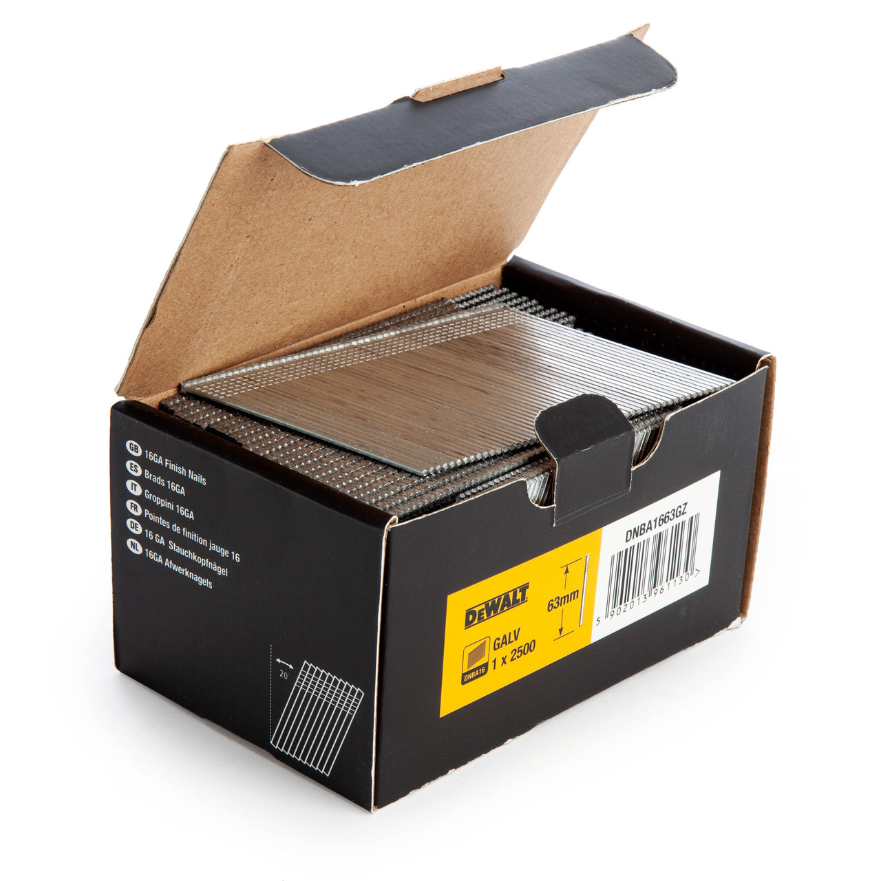 DEWALT Power Tools DNBA1663GZ 16 Gauge Galvanised 20° Finish Nails 63mm (Pack 2500) DNBA1663GZ