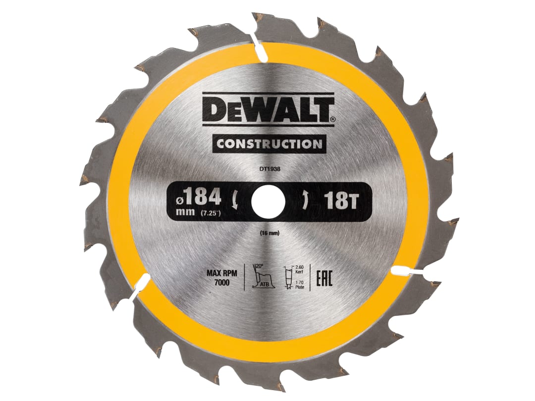 DEWALT Power Tools Portable Construction Circular Saw Blade 184 x 16mm x 18T DT1938-QZ